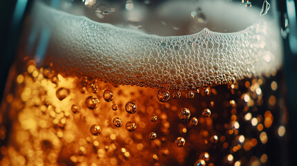 Close-up of beer in a glass with bubbles rising in slow motion, capturing effervescence, refreshing texture, and the visual appeal of a chilled, golden beverage in motion.