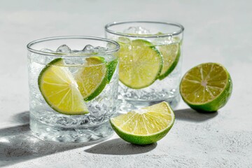 Two crisp, clear glasses filled with sparkling, refreshing liquid and plenty of ice cubes, garnished with bright green lime slices, stand on a textured light surface. The vibrant citrus slices add a z