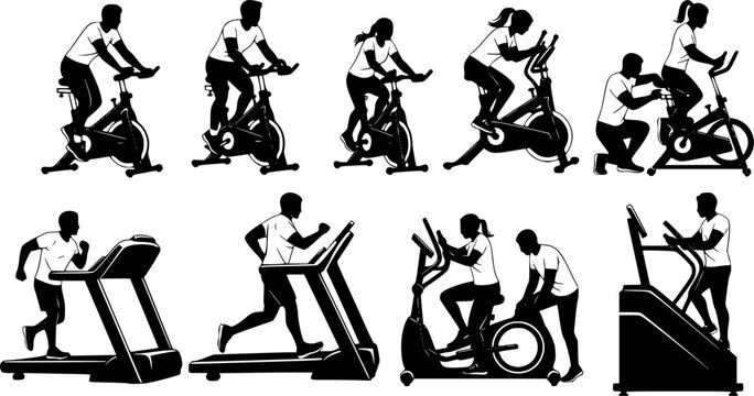 Indoor Cycling Silhouettes &ndash; Stationary Bike Workout, Spin Class Poses, Gym Cardio Training, Fitness Exercise Vector Illustration Set
