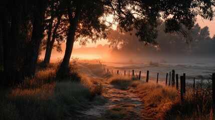 Sunrise through fog over meadows, quiet countryside beauty.