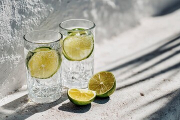 Two refreshing glasses of sparkling water, each infused with a vibrant lime slice, stand illuminated by natural sunlight on a textured white surface. Adjacent lime wedges complete the crisp, clean aes