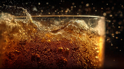 Close-up of beer in a glass with bubbles rising in slow motion, capturing effervescence, refreshing texture, and the visual appeal of a chilled, golden beverage in motion.