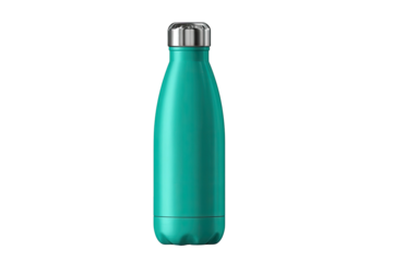 Teal water bottle with silver cap isolated on black background