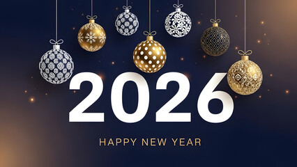 Celebratory ornaments and 2026 text against a dark blue background with golden accents
