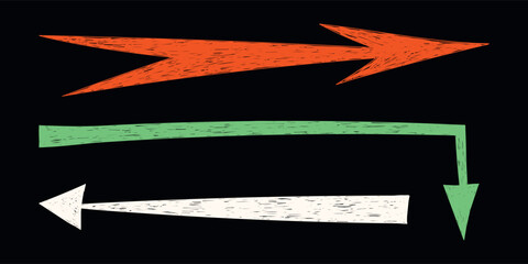 Hand drawn crayon movement arrow collection. Grunge squiggly arrow set. Pencil chalk lines sketch. Red, green, white brush scribble element set. Doodle vector illustration.
