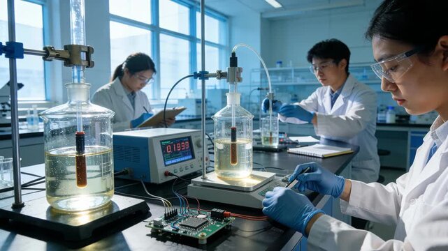 A lab research science chemistry laboratory experiment scientist glassware beaker flask with electrode sensor measurement data analysi technology electronic circuit, scientist laboratory engineering