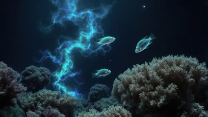 Underwater lightning illuminates fish and coral reef in a surreal scene.