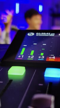 Professional sound equipment showing audio levels during podcast recording