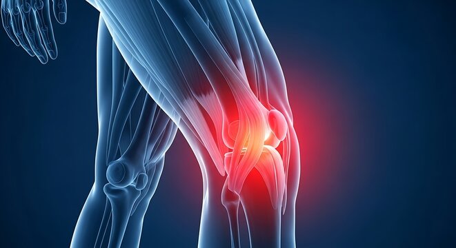 3D Human Anatomy Medical Illustration of Knee Joint Pain with Red Inflammation Highlight on Muscles