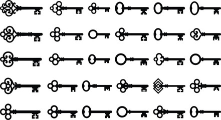 Vintage key silhouettes collection antique skeleton keys set minimalist black vector icons isolated on white background for security branding design