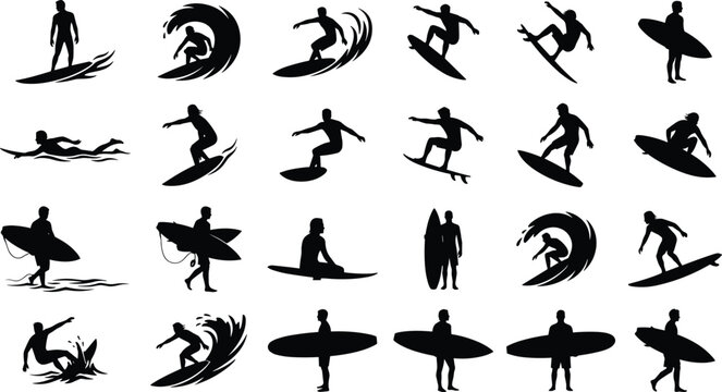 Surfing silhouettes vector set featuring surfers riding waves paddling walking boards action poses isolated white background minimalist sport ocean illustration