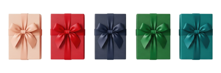 Five tall rectangular gift boxes in assorted colors with ribbons isolated on transparent background