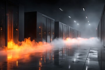 A dimly lit corridor filled with smoke and flames, featuring rows of server cabinets, creating a dramatic and intense atmosphere.