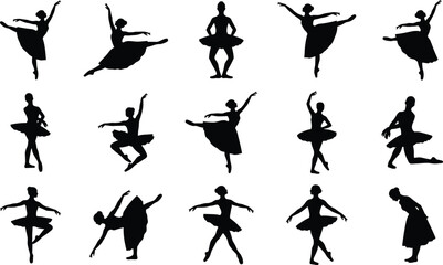 Ballet dancer silhouette vector set featuring graceful poses jumps spins isolated black figures collection illustration design art classical performance motion