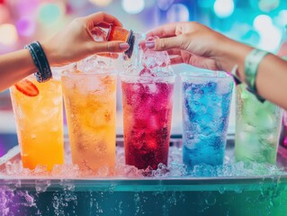 Refreshing summer drinks preparation vibrant bar setting colorful beverages festive atmosphere close-up view celebration vibe