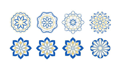 Geometric floral mandala vector collection in blue and yellow tones isolated on white background