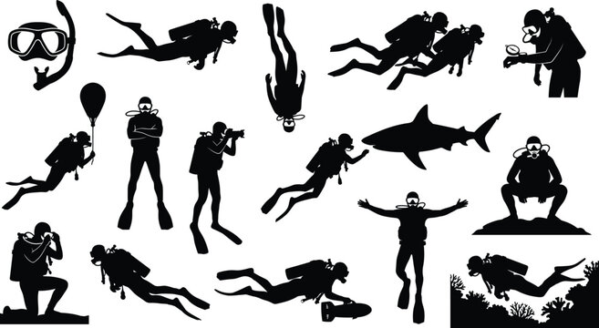 Scuba diving silhouette vector set showing underwater divers equipment marine exploration poses isolated black figures illustration design adventure ocean sport