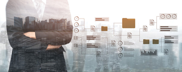 Business professional standing confidently with data analytics graphics overlay and urban cityscape in the background, symbolizing modern office environment Gantry.