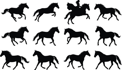 Obraz premium Running horse silhouette vector set featuring galloping equestrian poses wild stallions rider isolated black animals illustration design motion art collection