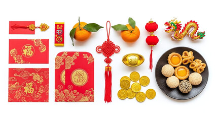 Comprehensive Chinese New Year flat lay with red envelopes, mandarin oranges, golden coins, a dragon figurine, and traditional snacks