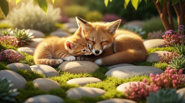 Adorable Fox Cub and Kitten Snuggle Together in Lush Garden