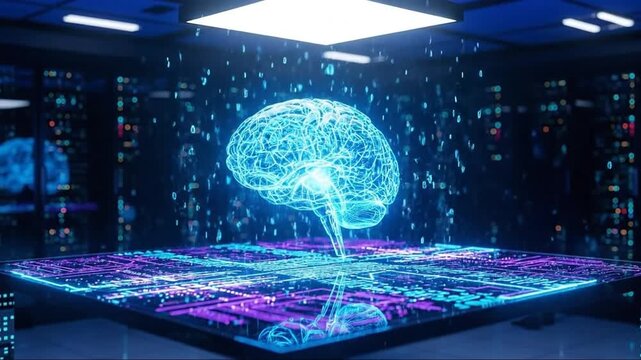 Futuristic glowing digital brain hologram projected above a data table, AI concept