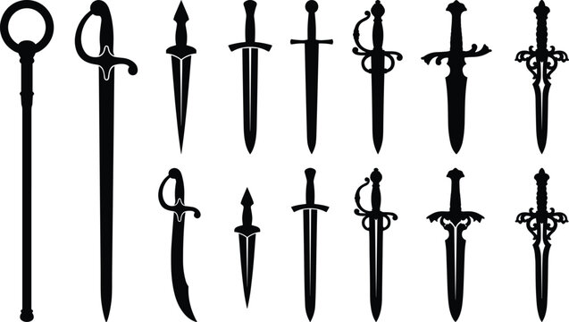 Ancient dagger and sword silhouette vector set displaying historical blades hilts weapons isolated black medieval icons illustration design collection