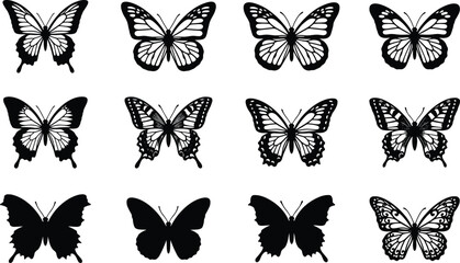 Naklejka premium Butterfly silhouette vector collection featuring detailed wings insects nature symbols isolated black decorative shapes illustration design art bundle