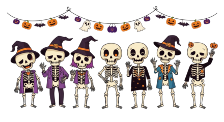 A group of cartoon skeletons dressed in halloween costumes and hats stand together isolated on transparent background