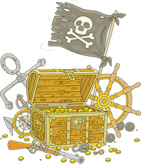 Open treasure chest full of gold coins, an old wooden helm with a marine compass and a rusty anchor with a black pirate flag from a sunken filibuster sailboat, vector cartoon illustration on white