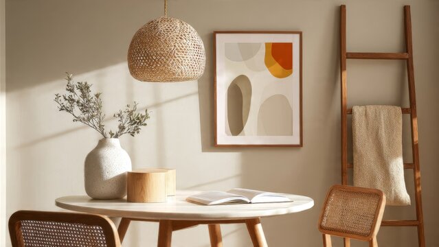 Cozy Dining Nook with Abstract Art and Natural Light.