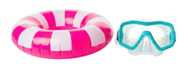 Bright pink and white striped inflatable ring and blue and white snorkel mask isolated on transparent background