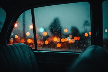 Water droplets form on the car window as bright city lights create a colorful blur in the background during a rainy night