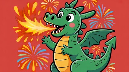 Obraz premium Cheerful cartoon green dragon breathing fire amidst vibrant fireworks on a festive red background.