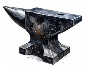 Detailed close-up watercolor of a weathered, metal blacksmith's anvil