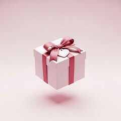 Fototapeta premium Pink Gift Box with Ribbon and Heart Tag Floating on Soft Pink Background present