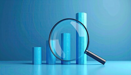 Magnifying glass over blue textured bar chart showing financial growth against a textured blue background with soft lighting