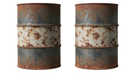 Two weathered and rusted metal barrels with distinct bands of decay isolated on transparent background