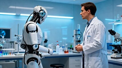 scientist and robot in lab