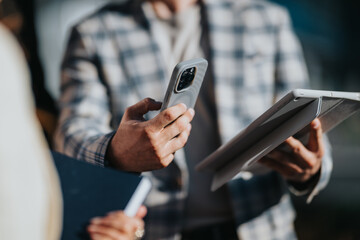 A business professional holds a smartphone while another device is used nearby in a modern office. The scene shows colleagues collaborating with digital devices during a work meeting.