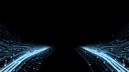 Abstract digital flow design with glowing lines and particles, representing innovation and connectivity.