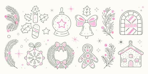 Delicate hand drawn christmas illustrations with festive ornaments and winter decorations