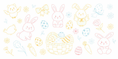 Colorful easter doodles of bunnies chicks eggs and floral elements