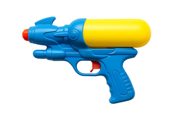 Blue and yellow plastic toy water gun isolated on white background for summer fun concepts