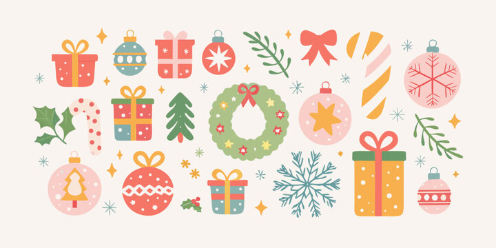 Festive christmas decorations including gifts wreaths ornaments and snowflake designs