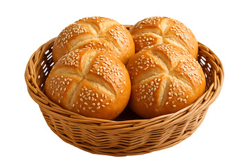 Homemade round bread rolls with sesame seeds in basket for bakery concept