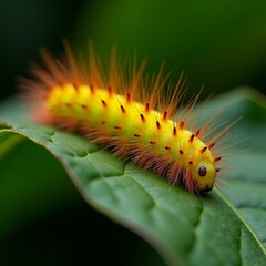 Naklejka premium AI generated Detailed view of dewcovered caterpillar set against vivid green environment