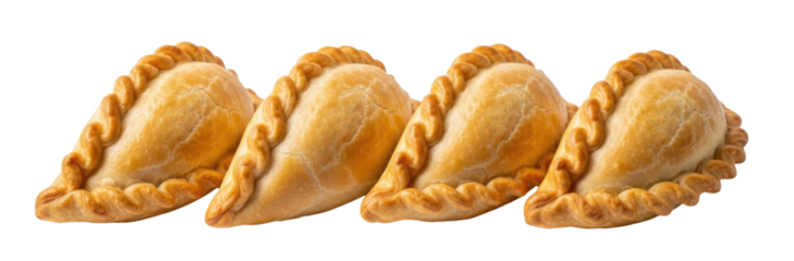 Four golden brown baked empanadas with crimped edges arranged in a row isolated on transparent background