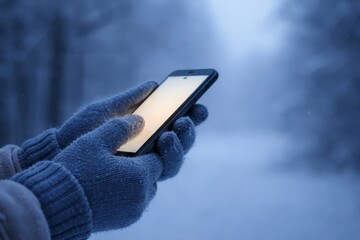 Hands in blue knitted gloves holding smartphone with glowing screen outdoors in winter cold, close-up winter technology concept copy space