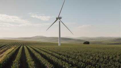 Wind Turbine Overlooking Rows of Crops in a Rural Landscape.
